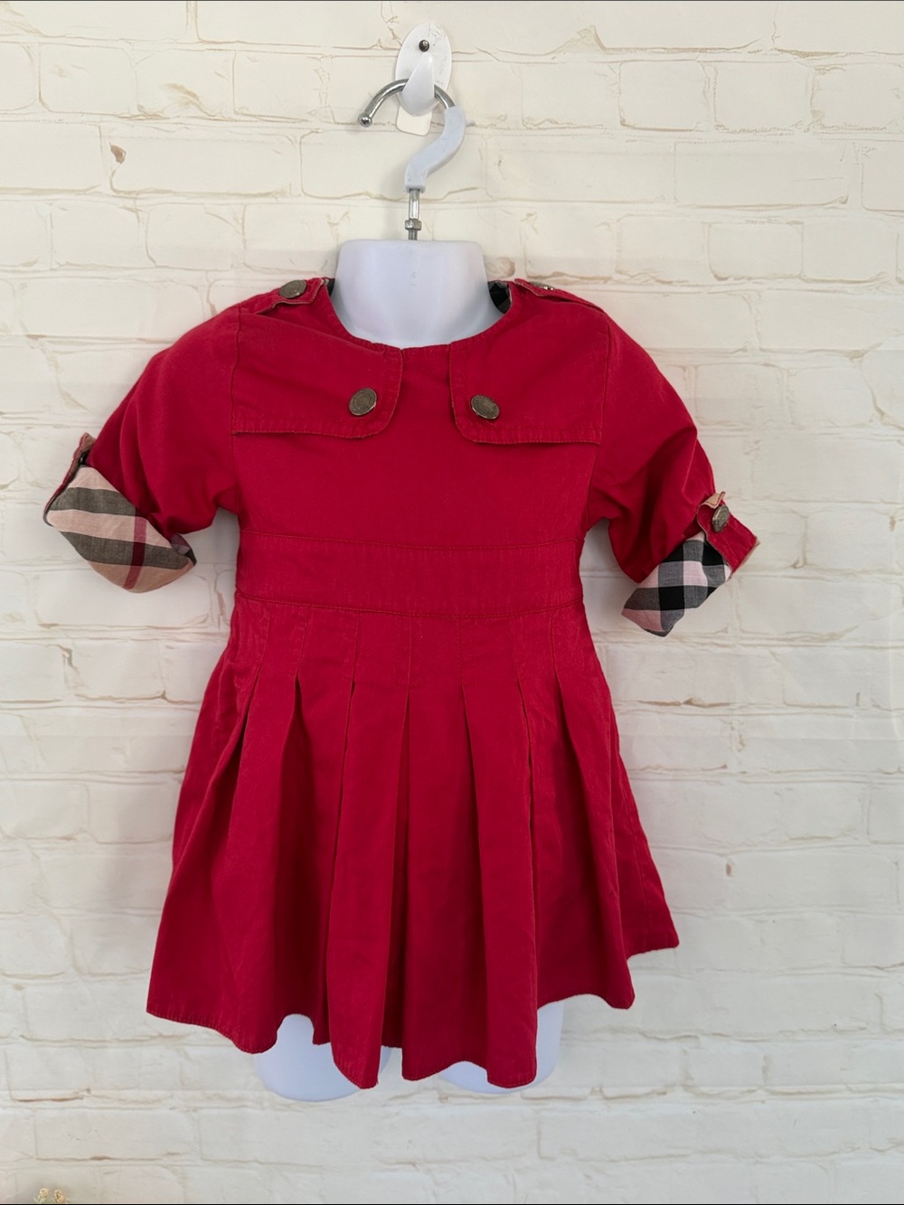 BURBERRY LONDON red nova check roll up sleeves baby dress size 36 mos